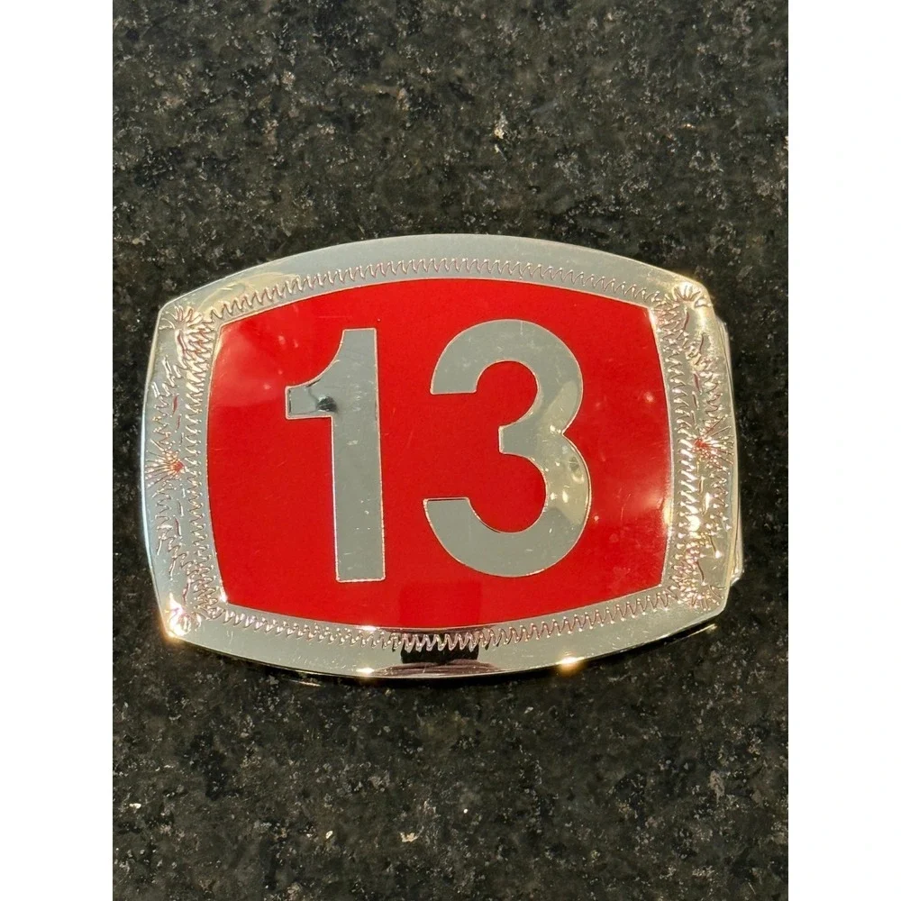 VTG Belt Buckle Red Enamel Background # 13 Polished Etched‎ Metal Streetwear